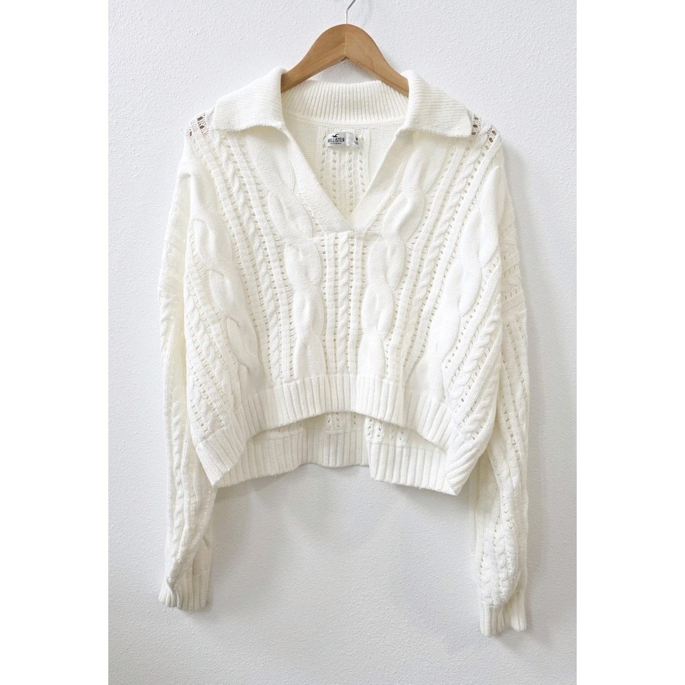 Hollister Cable Knit Polo Sweater Women's Size Medium Cropped V-Neck Cream White